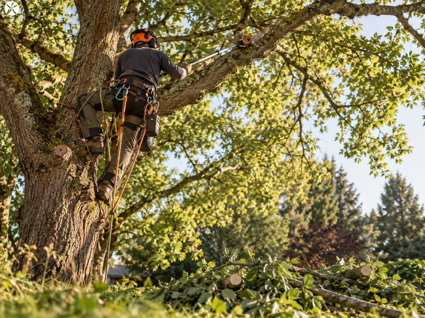 Arborist carrying out crown reduction pruning on a mature tree